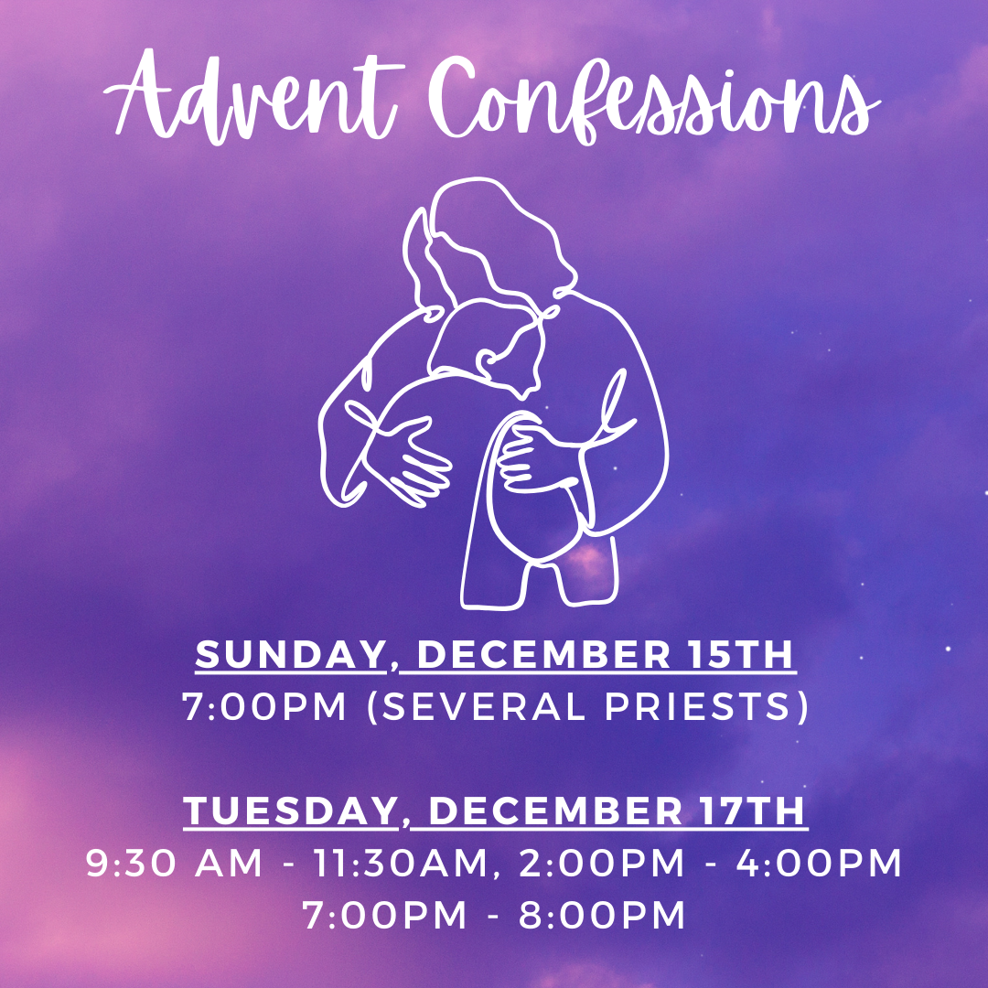 A purple image showing Jesus embracing someone and the confession times for Advent 2024