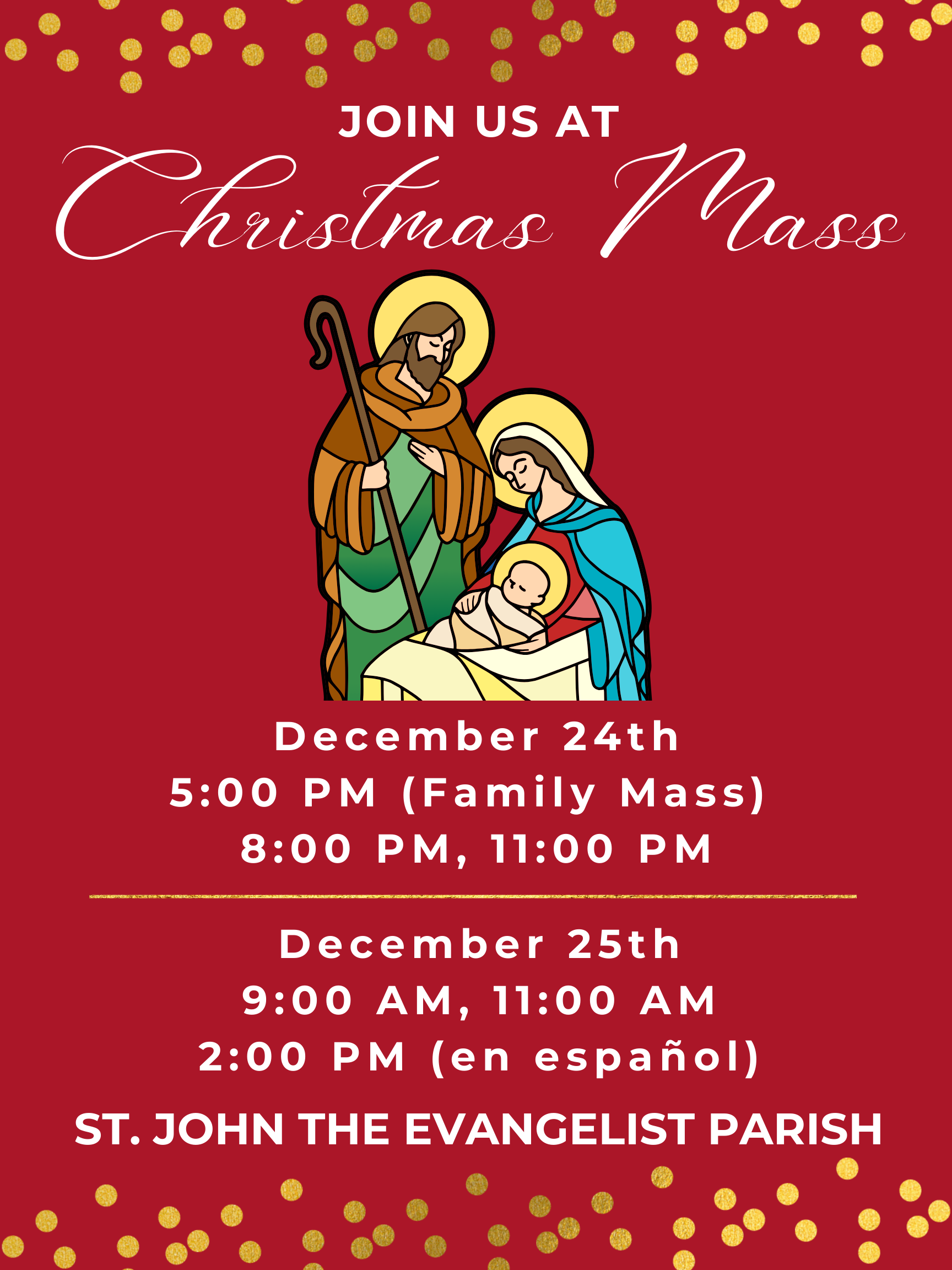 A poster with the Nativity and the Christmas Mass times for 2024