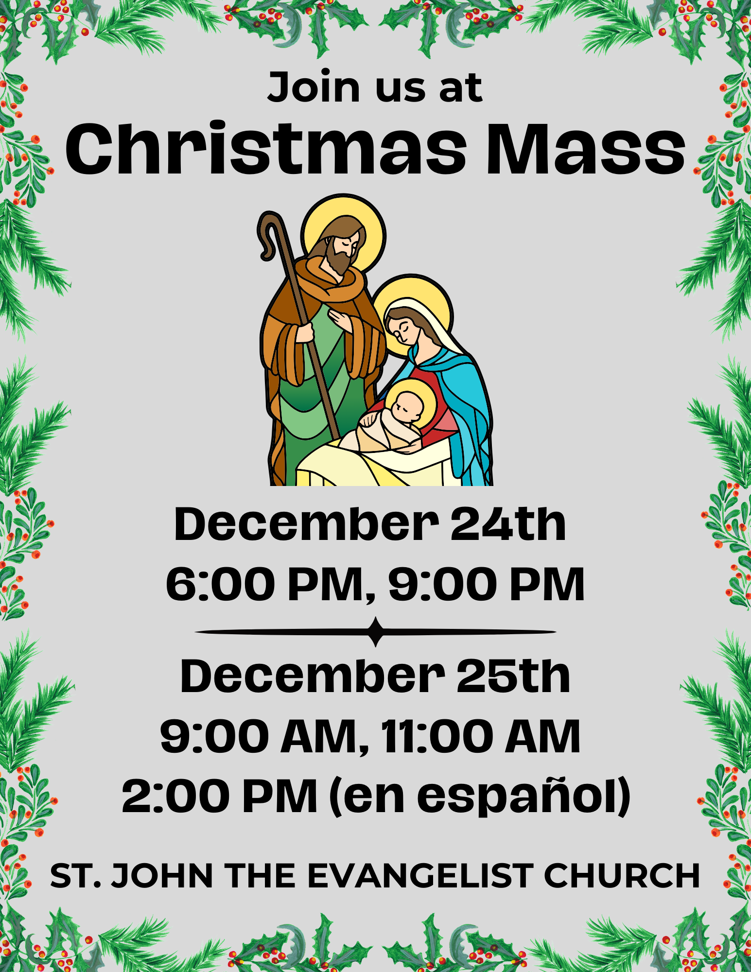 An image of the nativity and the Christmas Mass times for the Parish