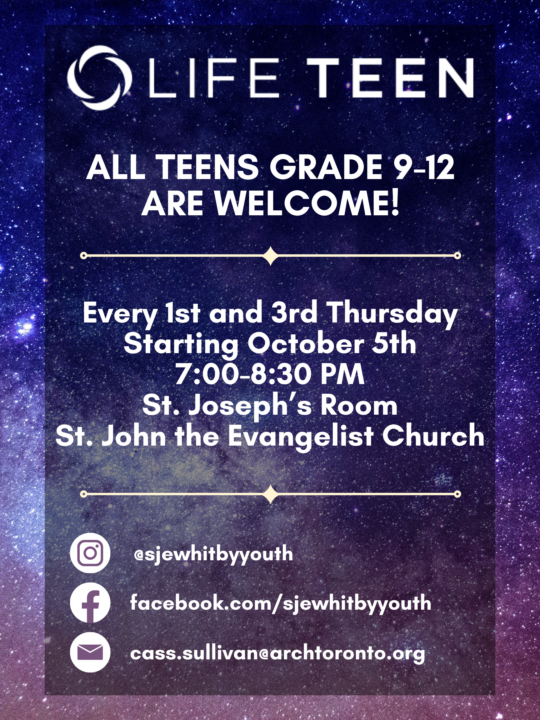 A poster with a starry night sky background advertising Life Teen program for teens in grade 9-12