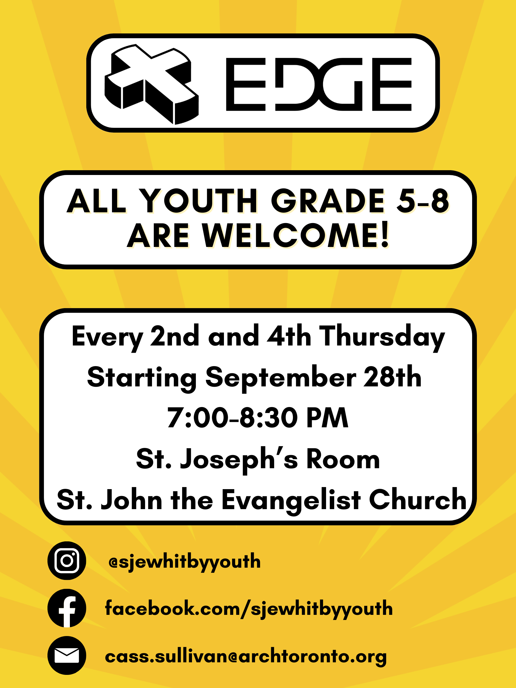 Bright yellow poster advertising EDGE program for youth grade 5-8